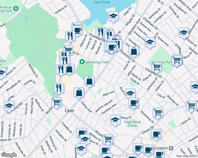 map of restaurants, bars, coffee shops, grocery stores, and more near in Lynn