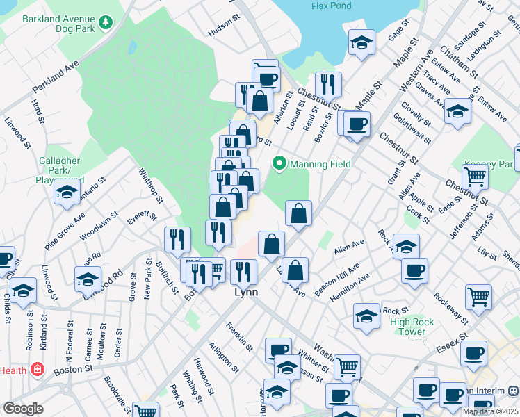 map of restaurants, bars, coffee shops, grocery stores, and more near 196 Locust Street in Lynn