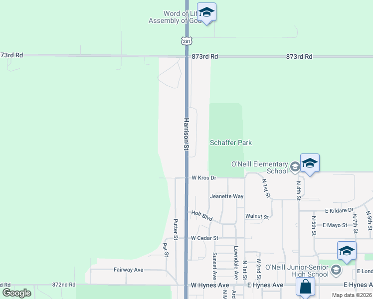 map of restaurants, bars, coffee shops, grocery stores, and more near American Legion Memorial Highway in O'Neill