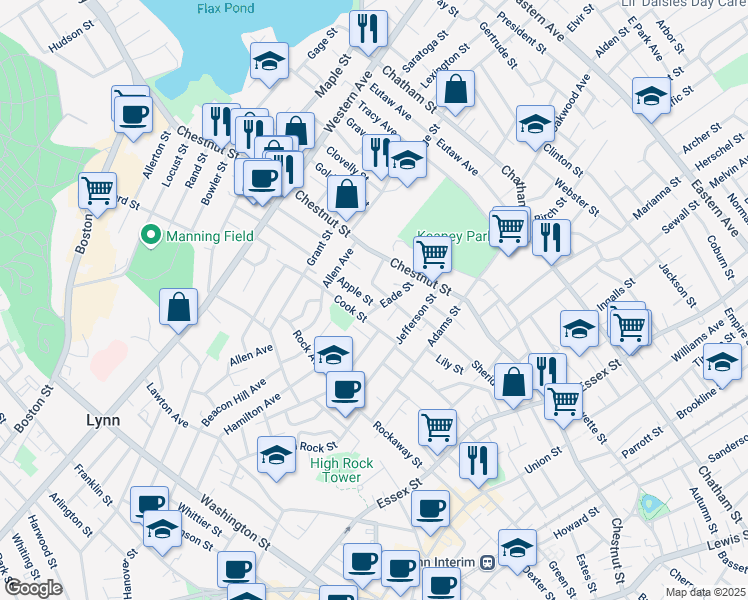 map of restaurants, bars, coffee shops, grocery stores, and more near 17 Apple Street in Lynn