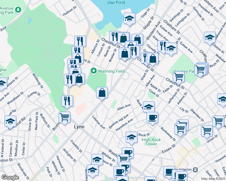 map of restaurants, bars, coffee shops, grocery stores, and more near in Lynn