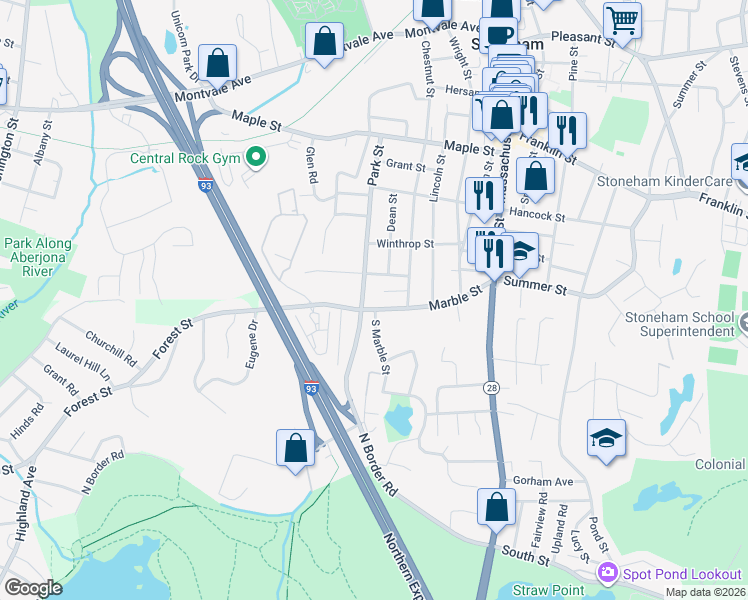 map of restaurants, bars, coffee shops, grocery stores, and more near 140 Park Street in Stoneham