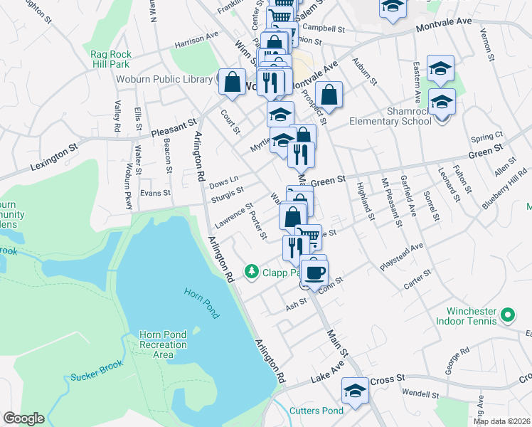 map of restaurants, bars, coffee shops, grocery stores, and more near 6 Lawrence Street in Woburn
