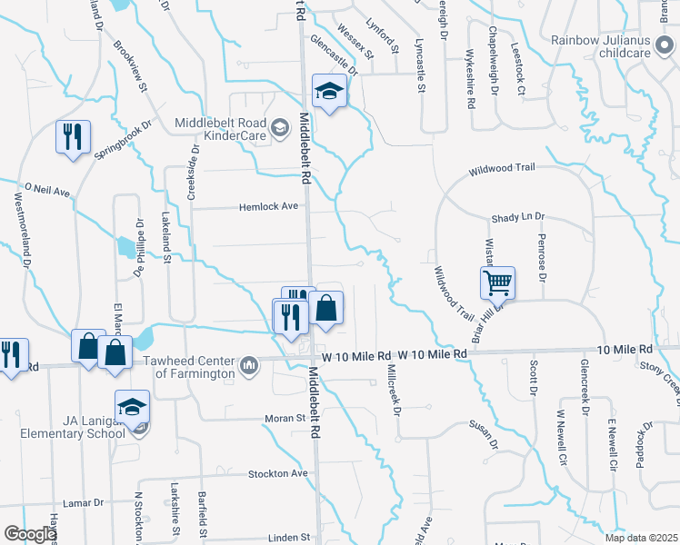 map of restaurants, bars, coffee shops, grocery stores, and more near 29293 Geraldine Court in Farmington Hills