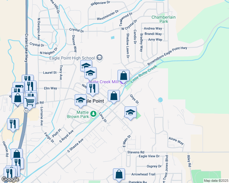 map of restaurants, bars, coffee shops, grocery stores, and more near 336 North Royal Avenue in Eagle Point