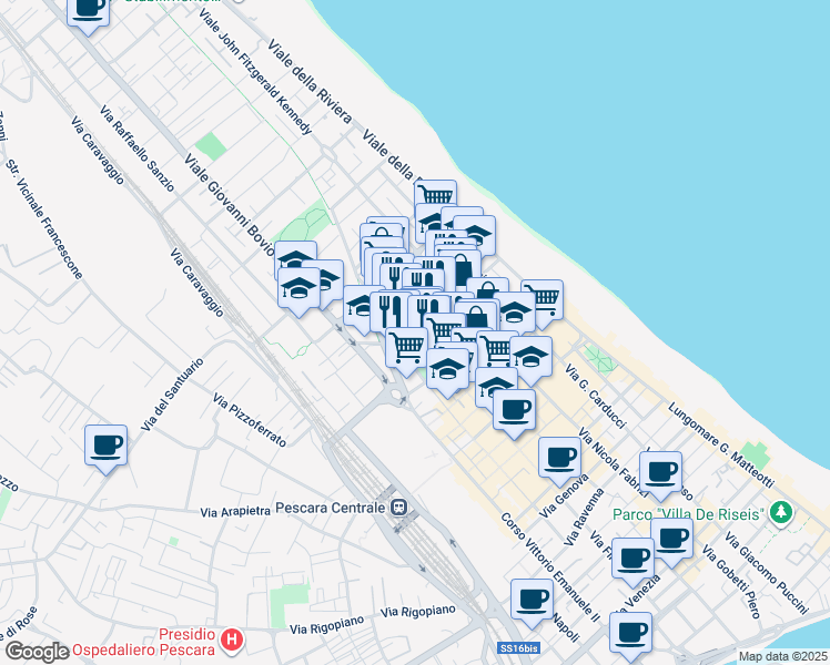 map of restaurants, bars, coffee shops, grocery stores, and more near Via de Amicis in Pescara