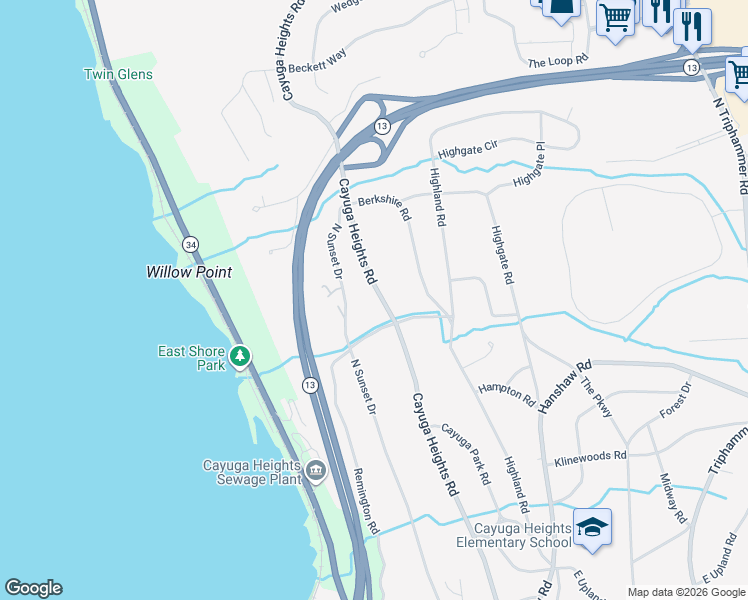 map of restaurants, bars, coffee shops, grocery stores, and more near 608 Cayuga Heights Road in Ithaca