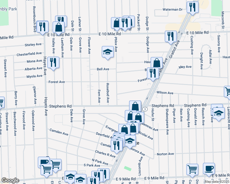 map of restaurants, bars, coffee shops, grocery stores, and more near 24359 Phlox Avenue in Eastpointe