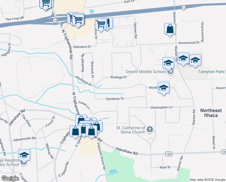 map of restaurants, bars, coffee shops, grocery stores, and more near 310 Winthrop Dr in Ithaca