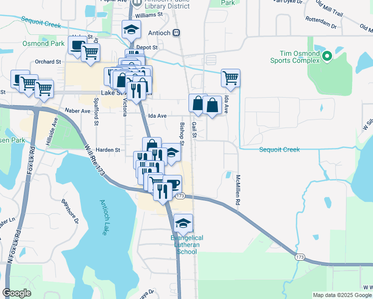 map of restaurants, bars, coffee shops, grocery stores, and more near 1050 Bishop Street in Antioch