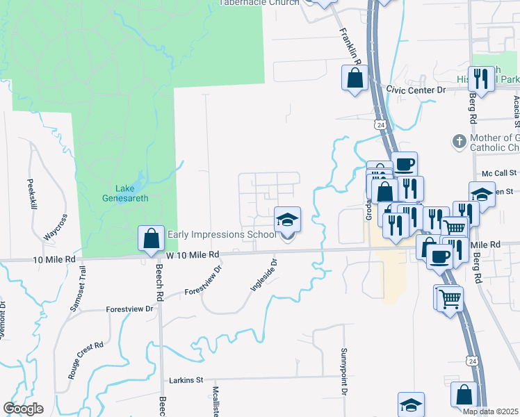 map of restaurants, bars, coffee shops, grocery stores, and more near 25230 Greenbrooke Drive in Southfield