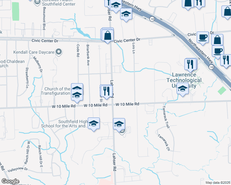 map of restaurants, bars, coffee shops, grocery stores, and more near 25160 Lahser Road in Southfield
