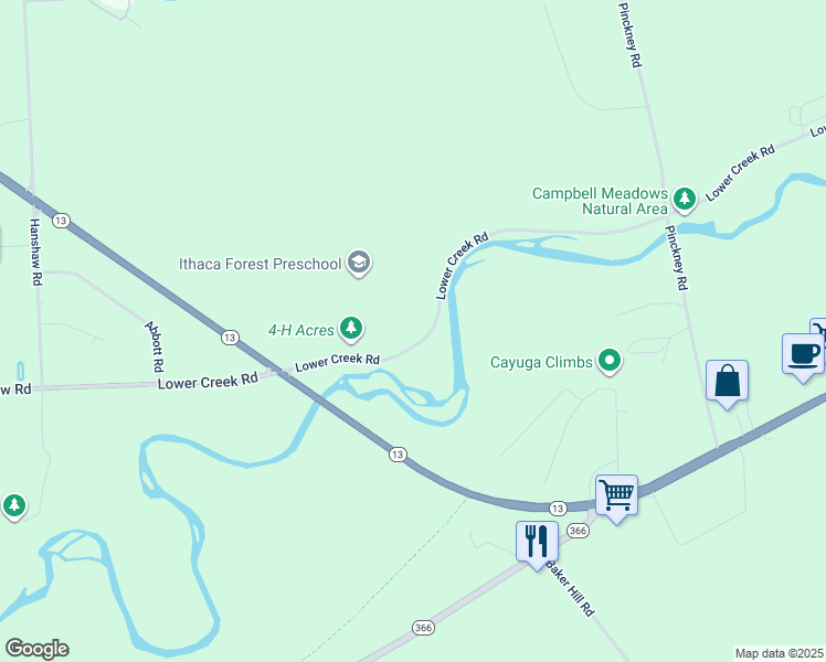 map of restaurants, bars, coffee shops, grocery stores, and more near 390 Lower Creek Rd in Ithaca