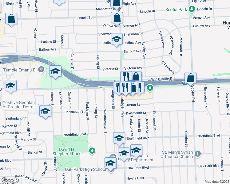 map of restaurants, bars, coffee shops, grocery stores, and more near 24730 Ridgedale Street in Oak Park