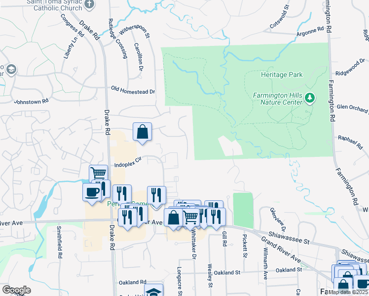 map of restaurants, bars, coffee shops, grocery stores, and more near 24704 Toddy Lane in Farmington Hills