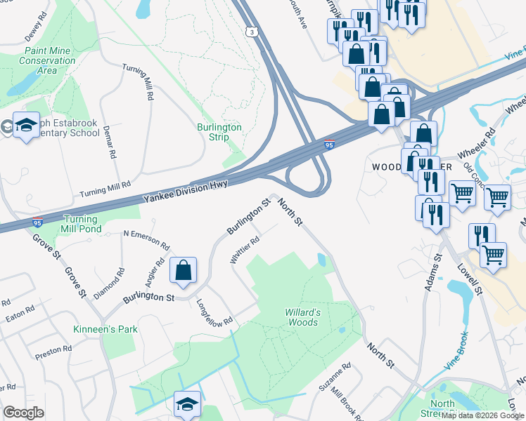 map of restaurants, bars, coffee shops, grocery stores, and more near 189 Burlington Street in Lexington