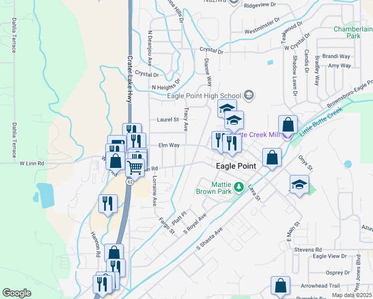 map of restaurants, bars, coffee shops, grocery stores, and more near 401 Elm Way in Eagle Point