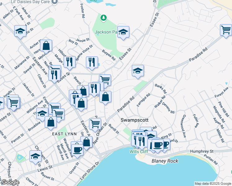 map of restaurants, bars, coffee shops, grocery stores, and more near 36 Middlesex Avenue in Swampscott