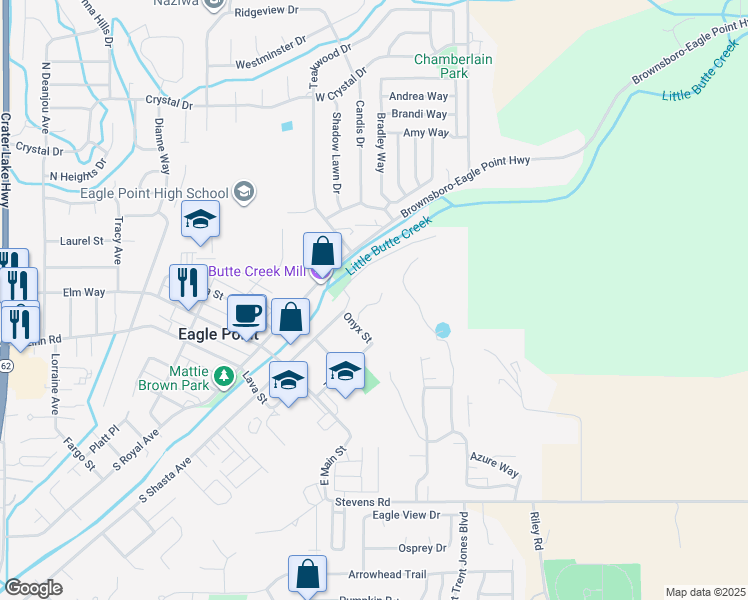 map of restaurants, bars, coffee shops, grocery stores, and more near 212 North Shasta Avenue in Eagle Point