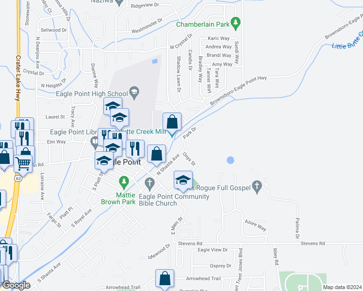 map of restaurants, bars, coffee shops, grocery stores, and more near 211 North Shasta Avenue in Eagle Point