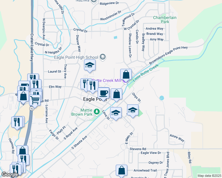 map of restaurants, bars, coffee shops, grocery stores, and more near 113 Odell Street in Eagle Point