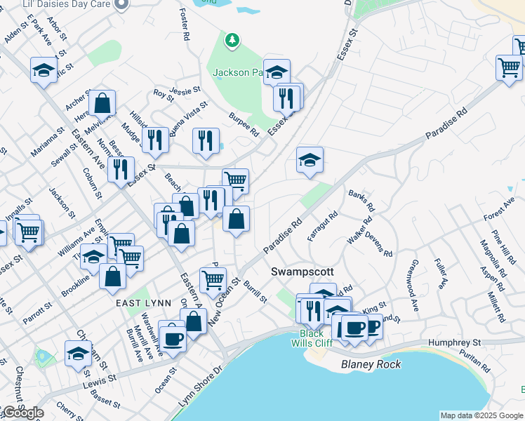 map of restaurants, bars, coffee shops, grocery stores, and more near 36 Middlesex Avenue in Swampscott