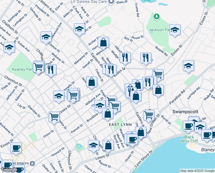 map of restaurants, bars, coffee shops, grocery stores, and more near 66 Essex Street in Lynn