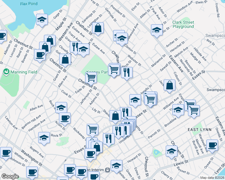 map of restaurants, bars, coffee shops, grocery stores, and more near 215R Fayette Street in Lynn