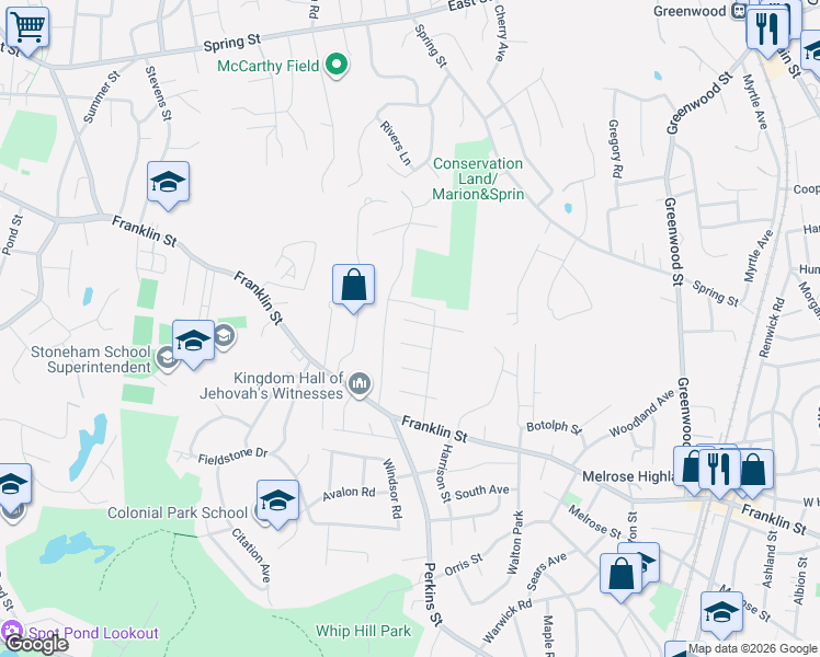 map of restaurants, bars, coffee shops, grocery stores, and more near 7 West Ferdinand Street in Stoneham