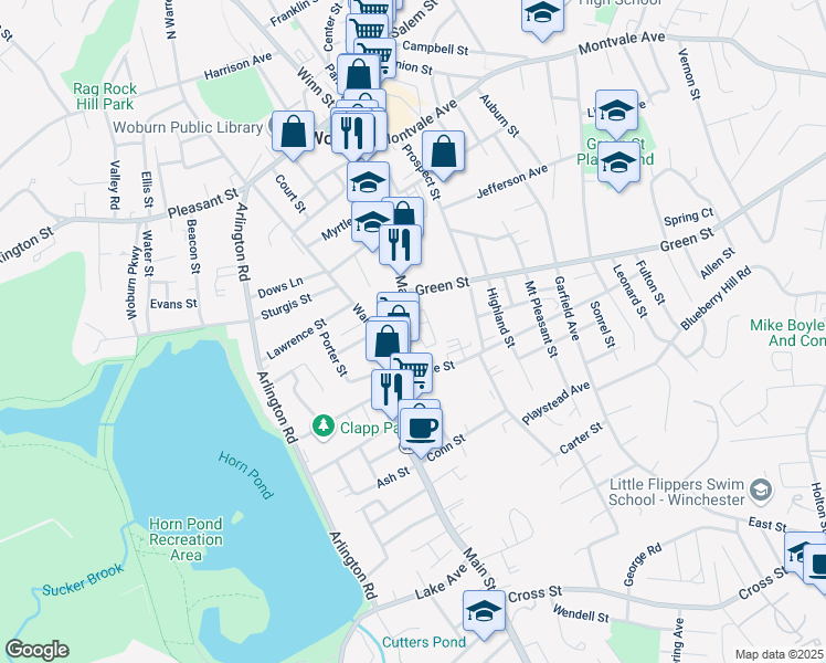 map of restaurants, bars, coffee shops, grocery stores, and more near 216 Main Street in Woburn