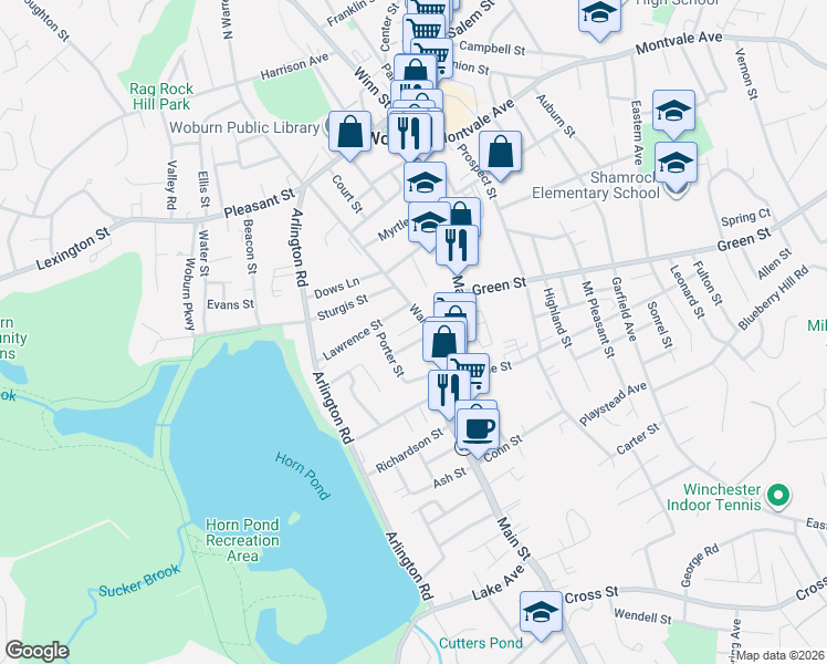 map of restaurants, bars, coffee shops, grocery stores, and more near 64 Warren Avenue in Woburn