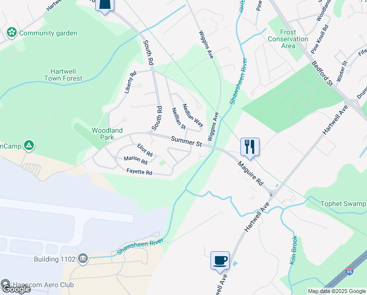 map of restaurants, bars, coffee shops, grocery stores, and more near 39 Summer Street in Bedford
