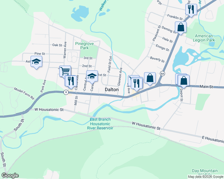 map of restaurants, bars, coffee shops, grocery stores, and more near in Dalton
