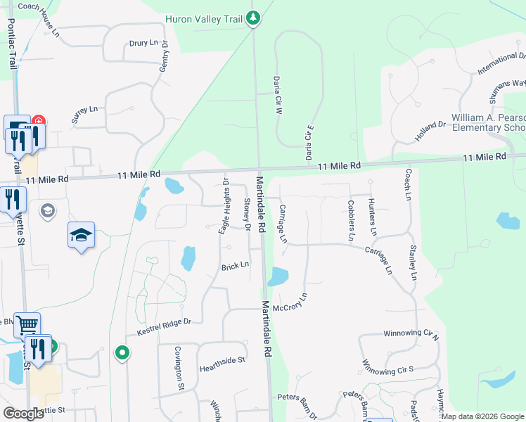 map of restaurants, bars, coffee shops, grocery stores, and more near 25907 Carriage Lane in South Lyon