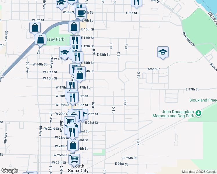 map of restaurants, bars, coffee shops, grocery stores, and more near 1610 C Street in South Sioux City