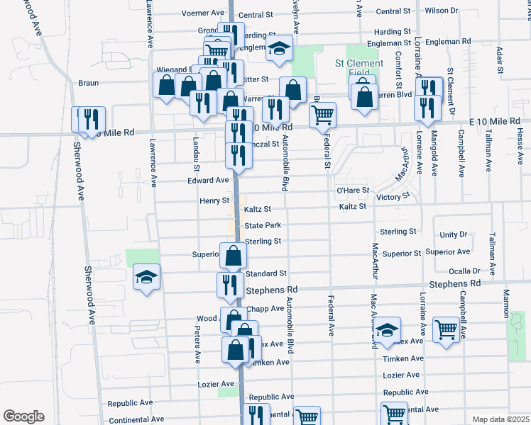 map of restaurants, bars, coffee shops, grocery stores, and more near 8084 Kaltz Street in Center Line