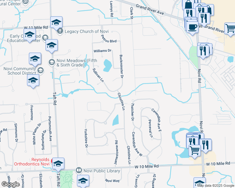 map of restaurants, bars, coffee shops, grocery stores, and more near 25027 Sullivan Lane in Novi