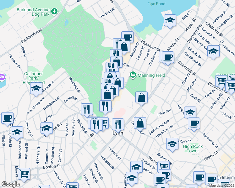 map of restaurants, bars, coffee shops, grocery stores, and more near 44-76 Stetson Street in Lynn