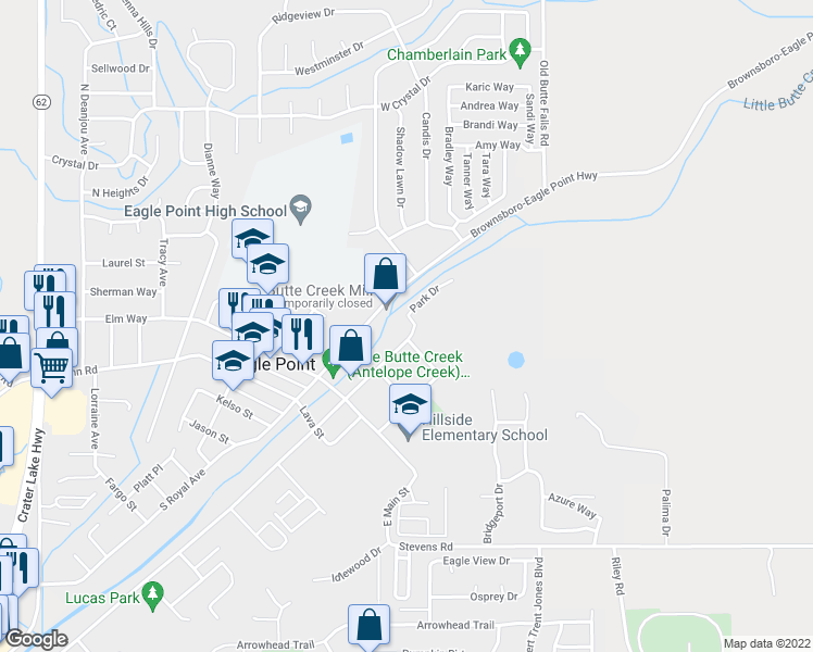 map of restaurants, bars, coffee shops, grocery stores, and more near 211 North Shasta Avenue in Eagle Point