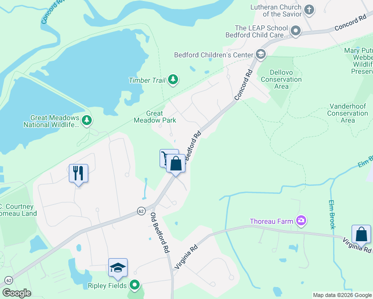 map of restaurants, bars, coffee shops, grocery stores, and more near 592 Old Bedford Road in Concord