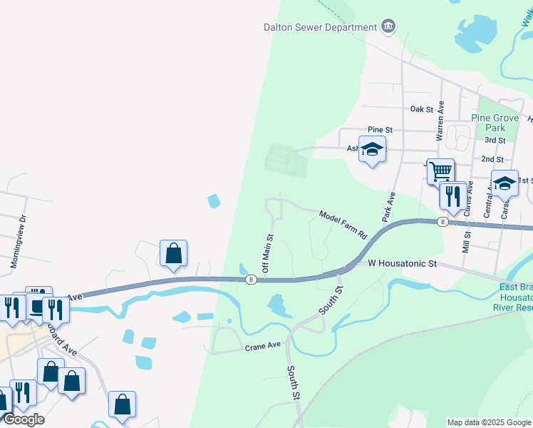 map of restaurants, bars, coffee shops, grocery stores, and more near 45 Off Main Street in Dalton