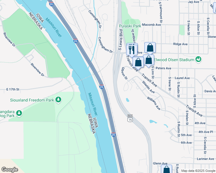 map of restaurants, bars, coffee shops, grocery stores, and more near 1603 Pavonia Street in Sioux City