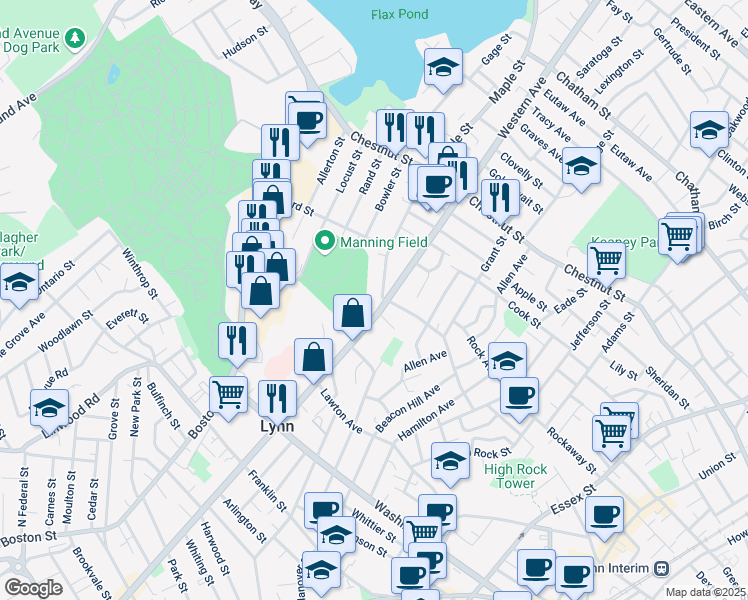 map of restaurants, bars, coffee shops, grocery stores, and more near 383 Maple Street in Lynn