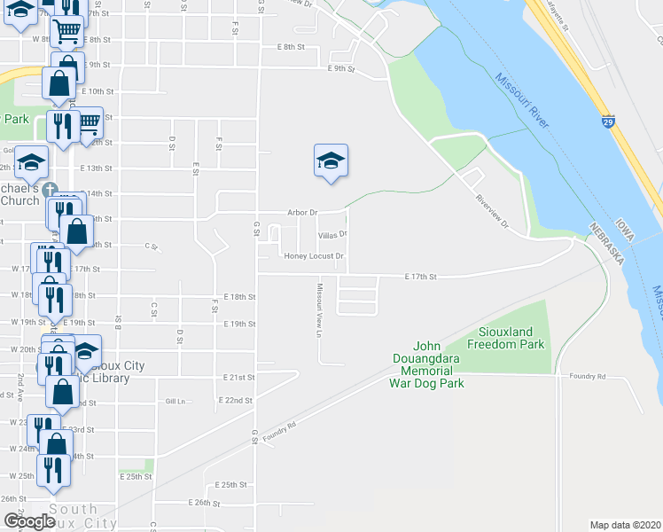 map of restaurants, bars, coffee shops, grocery stores, and more near 1601 Honey Locust Court in South Sioux City