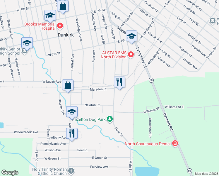 map of restaurants, bars, coffee shops, grocery stores, and more near 801 Main Street in Dunkirk