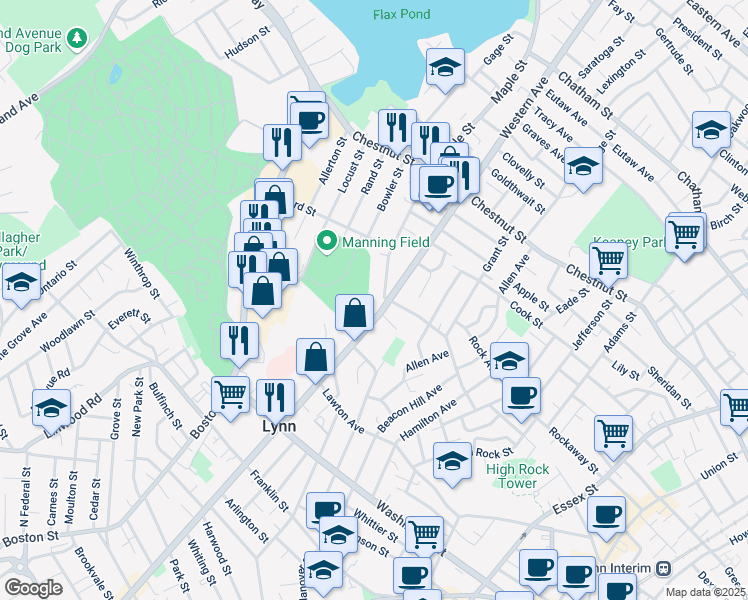 map of restaurants, bars, coffee shops, grocery stores, and more near 383 Maple Street in Lynn