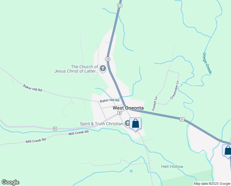 map of restaurants, bars, coffee shops, grocery stores, and more near 3886 New York 23 in Oneonta