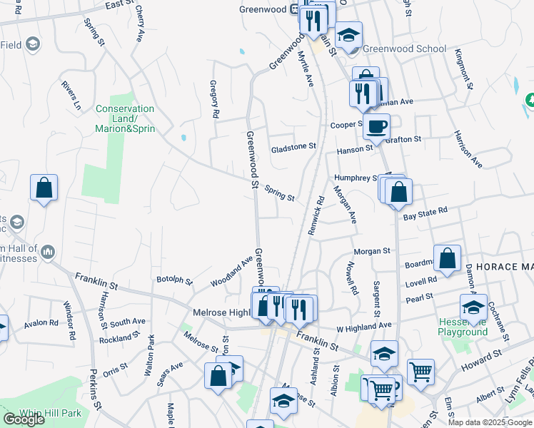 map of restaurants, bars, coffee shops, grocery stores, and more near 16 Linden Street in Wakefield