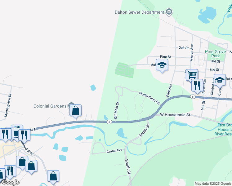 map of restaurants, bars, coffee shops, grocery stores, and more near 45 Off Main Street in Dalton