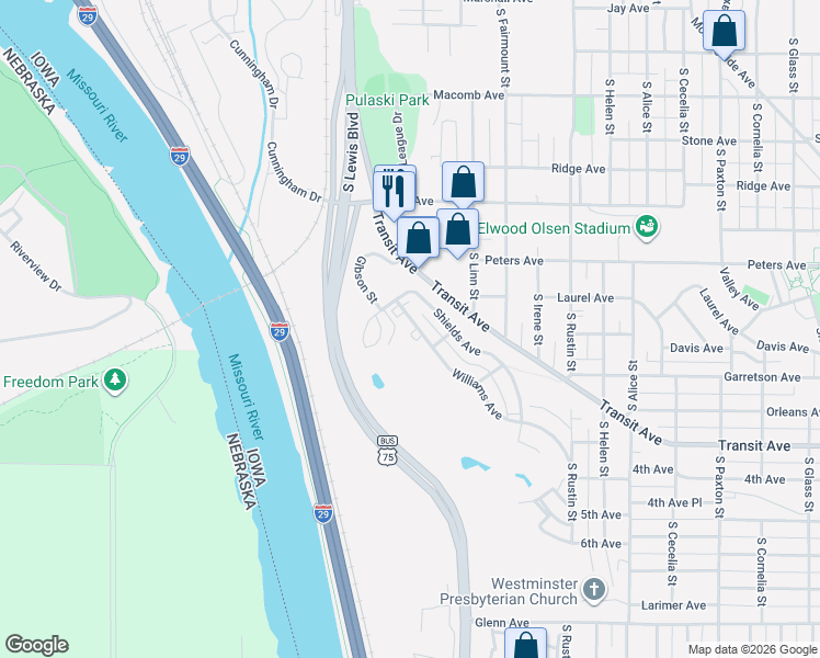map of restaurants, bars, coffee shops, grocery stores, and more near 2415 Williams Avenue in Sioux City